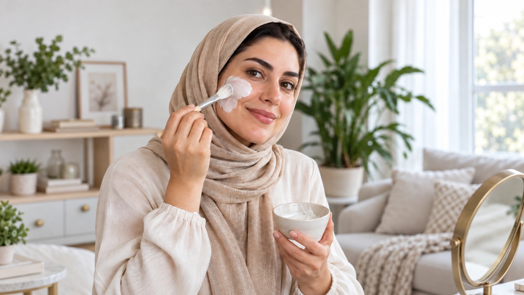 زنی با روسری کرمرنگ در حال زدن ماسک سفید روی گونه با براش